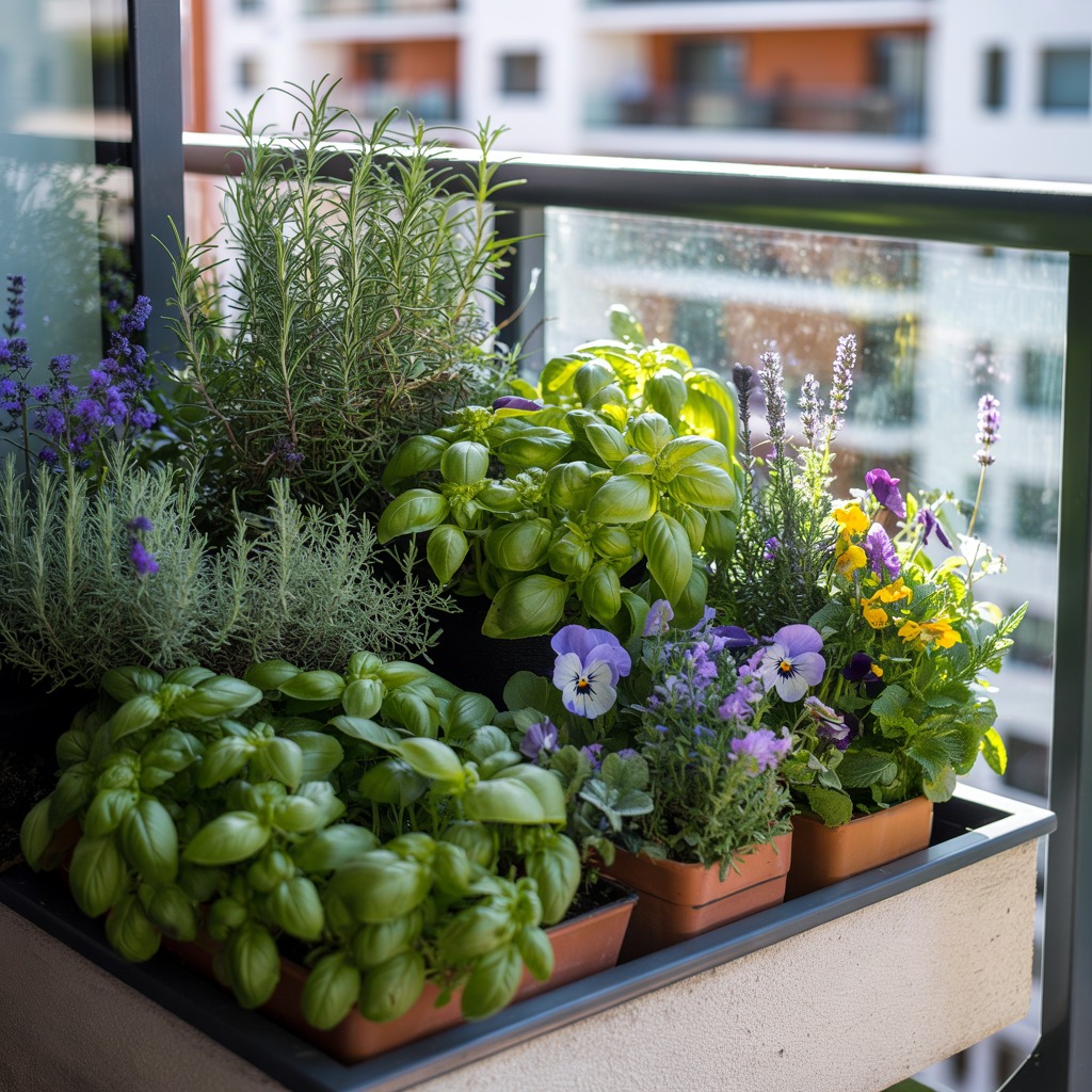Compact balcony garden with herbs and flowers